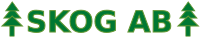 Logotyp som består av grön text och två granar