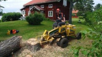 En man som fräser en trädstubbe framför ett rött hus